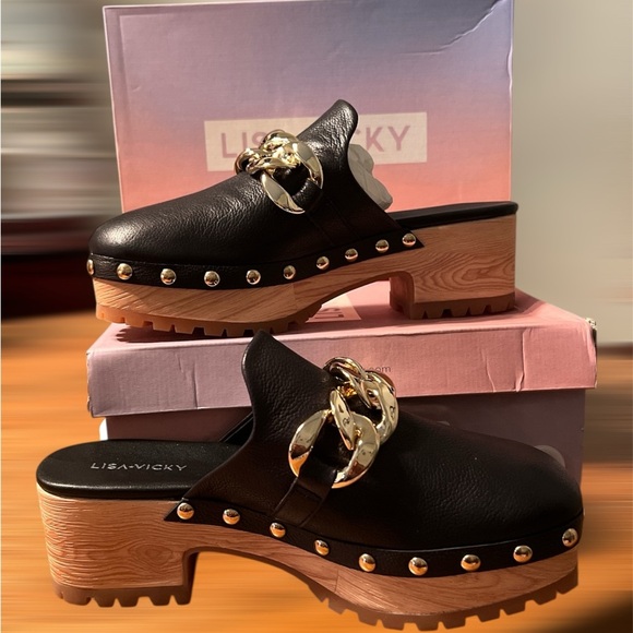 Lisa Vicky Vigor Black and Gold Mules with Chain Detail - Size 7.5 - 8 - Picture 6 of 12